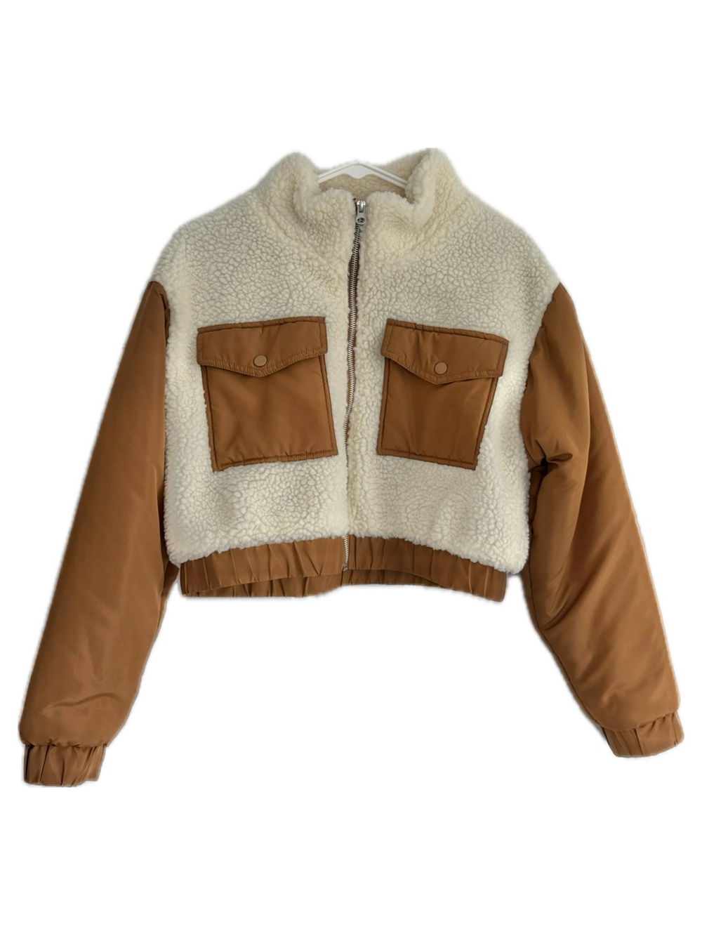 ANWND Cropped Sherpa-Trim Jacket in Camel Brown Tan & Cream